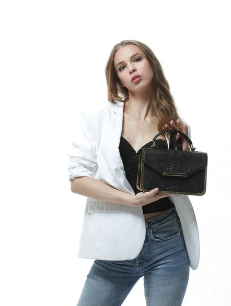 Mujer joven con estilo con handbag.isolated de moda en blanco —  Fotos de Stock