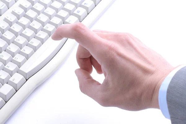 Finger hit the button on the old computer keyboard — Stock Photo, Image