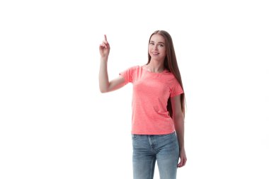 modern genç kadın kopya space.isolated beyaz üzerinde gösterilen