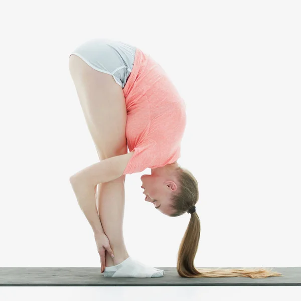 Moderna kvinnan gör stretching motion muskel — Stockfoto