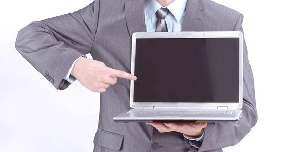 Manager mostrando el ordenador portátil abierto .isolated en blanco —  Fotos de Stock