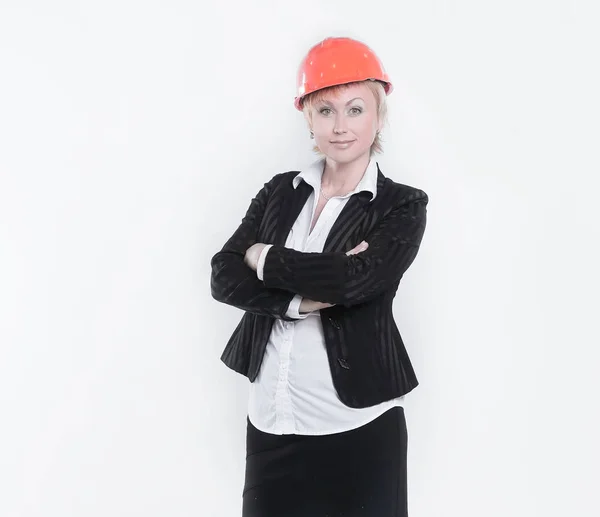 Portrait of a female architect with documents.isolated on white — Stock Photo, Image