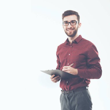 tam büyüme - portre yönetici makaleler bir beyaz background.the fotoğraf var, metniniz için boş bir alan