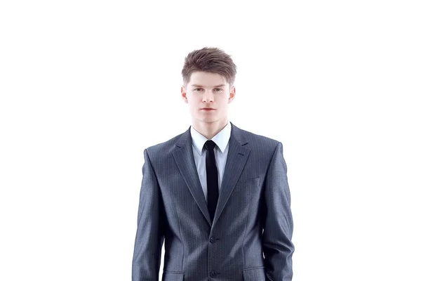 Portret van een jonge man in een zakelijke suit.isolated op wit. — Stockfoto