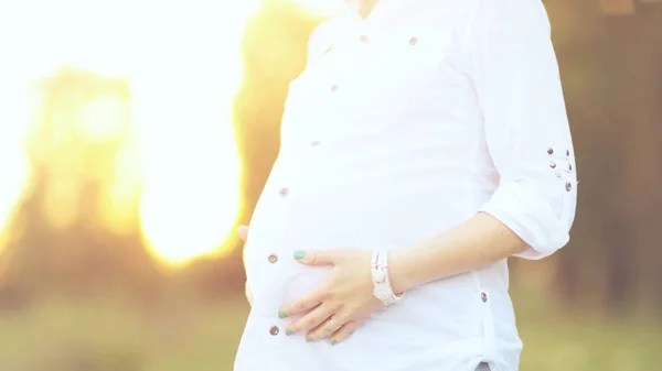 Femme enceinte lors d'une promenade dans le parc par une journée ensoleillée — Photo