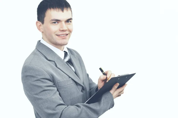 Verantwortlicher Administrator mit Dokumenten auf weißem Hintergrund — Stockfoto