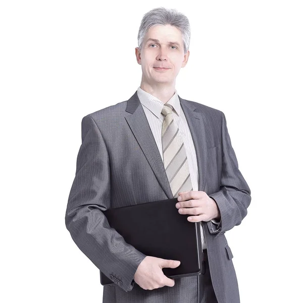 Empresário de sucesso com folder.isolated couro no branco — Fotografia de Stock