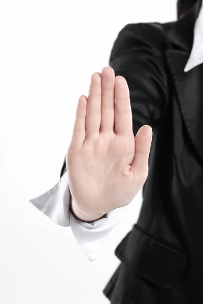 Dłoń biznes kobieta pokazując stop gest .isolated na białym — Zdjęcie stockowe