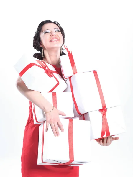 Mujer feliz con cajas de regalo.foto con espacio de copia —  Fotos de Stock
