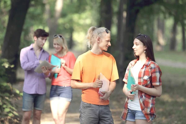 Skupina studentů s schránek mluví v parku — Stock fotografie