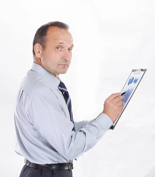 Businessman holds a financial report. photo with copy space. — Stock Photo, Image