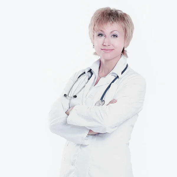 Retrato de mulher praticando physician.isolated no branco — Fotografia de Stock