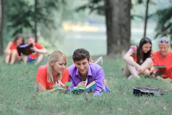 Several pairs of students prepare for the exam in the city Park — Stock Photo, Image