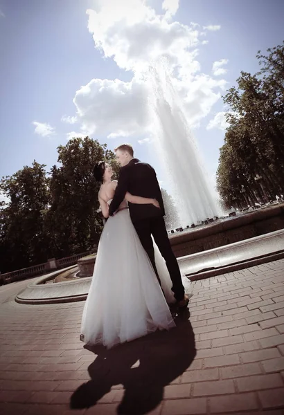 Felices recién casados de pie en la plaza cerca de la fuente — Foto de Stock