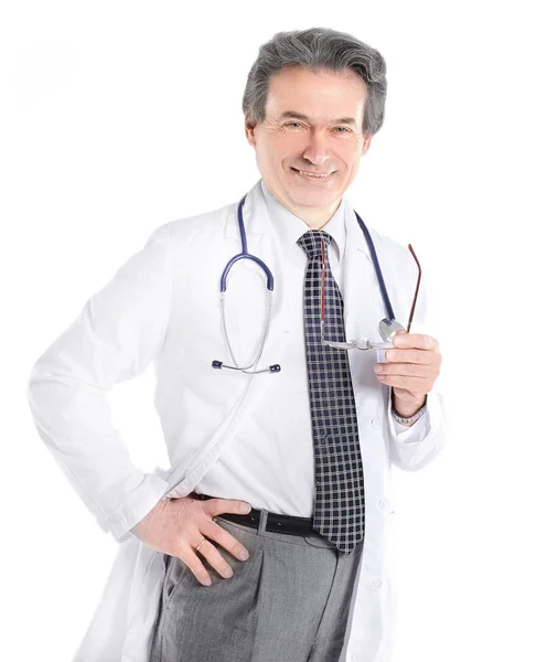 Portrait of mature medical doctor with white coat and stethoscope on isolated background — Stock Photo, Image