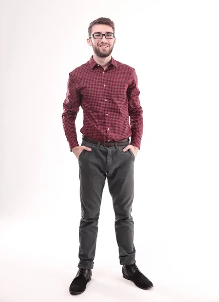 In volledige growth.portrait van een moderne man met bril en plaid s — Stockfoto