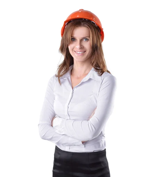 Retrato de uma jovem arquiteta no capacete laranja — Fotografia de Stock
