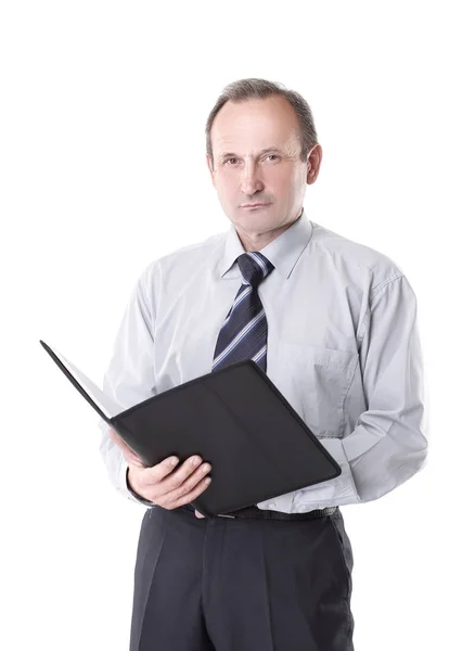 Homem de negócios sério com uma prancheta. isolado em fundo branco — Fotografia de Stock