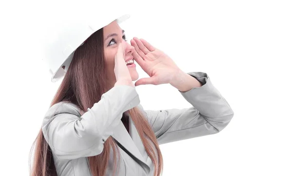 Giovane architetto donna che chiede aiuto.isolato su bianco — Foto Stock