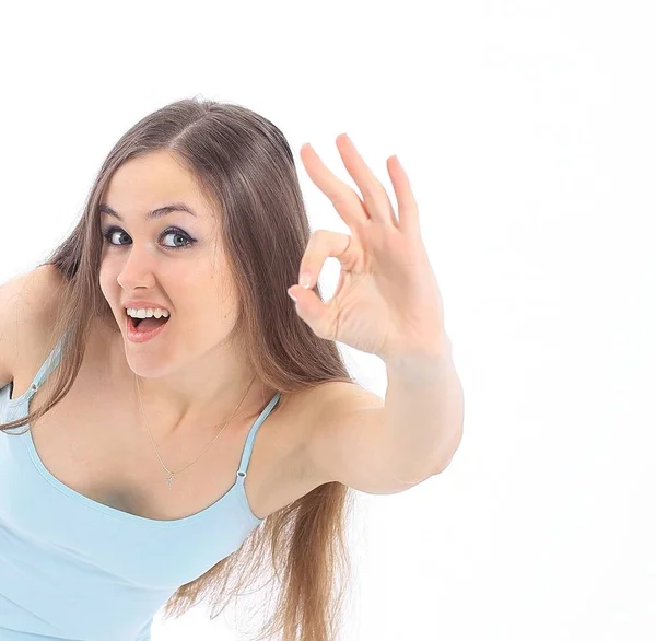 Moderne junge Frau zeigt das Okay-Zeichen — Stockfoto