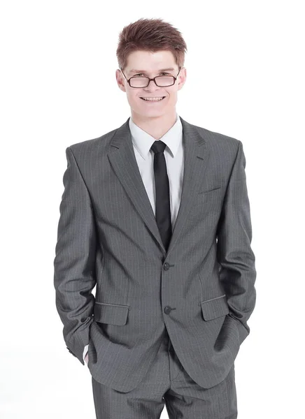 Вид збоку. успішний молодий бізнесмен. ізольований на білому — стокове фото