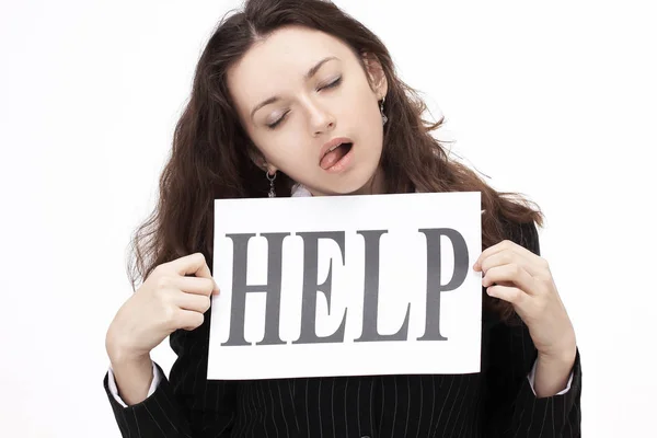 Junge Geschäftsfrau hält ein Plakat mit der Aufschrift "Hilfe". — Stockfoto