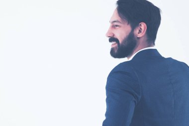 İş başarısı kavramı - iş adamı kameraya geri çekiliyor
