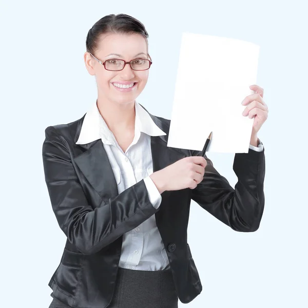 Freundliche Geschäftsfrau zeigt mit Bleistift auf dem weißen Blatt. — Stockfoto