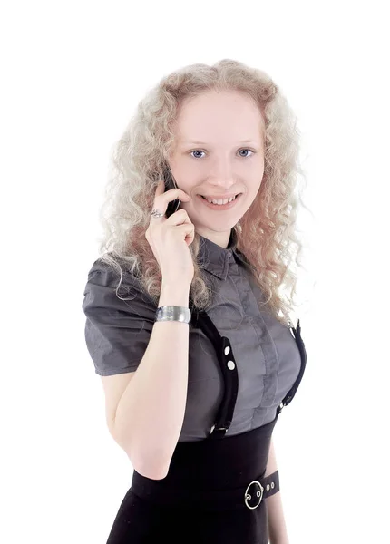 Молодая ассистентка разговаривает по мобильному телефону — стоковое фото