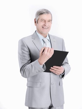 Documents.isolated bir beyaz ile olgun iş adamı