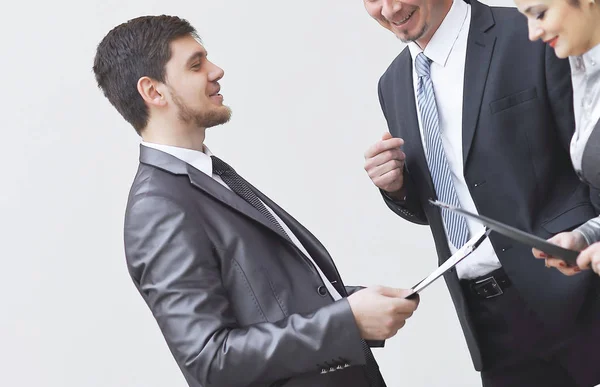 Business people discussion over documents in empty office — Stock Photo, Image