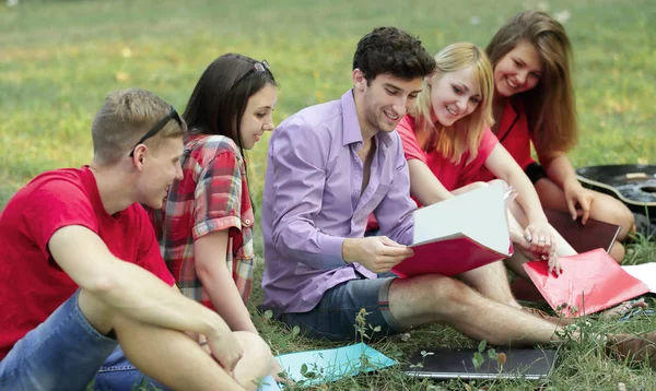 Skupina vysokoškolských studentů, sedí na trávě a čtení knih v parku — Stock fotografie