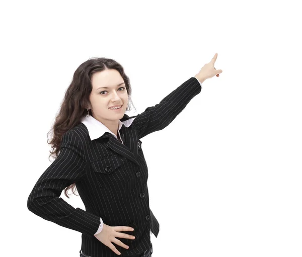 Exitosa mujer de negocios mostrando en el espacio de copia . —  Fotos de Stock