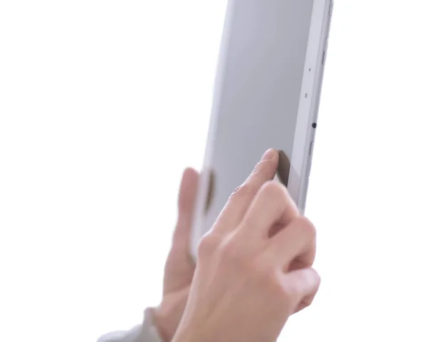 Yakın çekim. bir kadın .photo kopya alanı ile elinde dijital tablet — Stok fotoğraf
