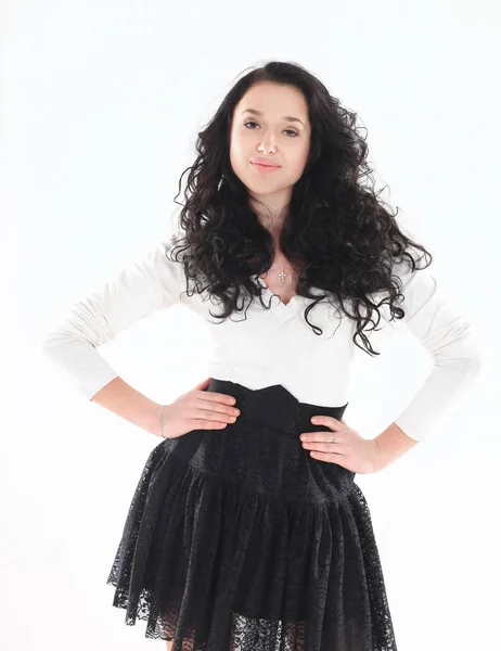 Портрет сучасної молодої жінки в білій блузці і чорному лижі — стокове фото