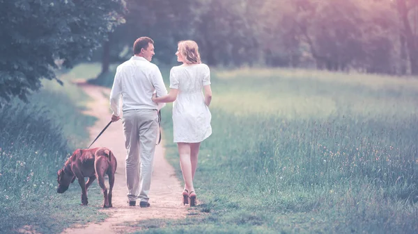 快乐的夫妻未来的父母和狗在公园里散步 — 图库照片