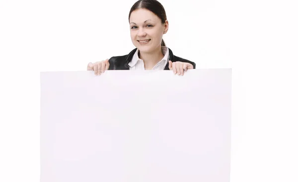 Junge Mitarbeiterin des Unternehmens mit einem leeren Banner — Stockfoto