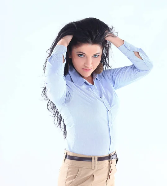 Mladá podnikatelka stanovení její hair.isolated na bílém. — Stock fotografie
