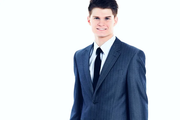 Jovem homem de negócios em um fundo branco sorrindo com pasta — Fotografia de Stock