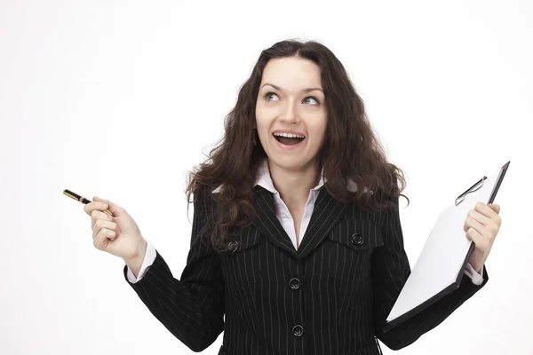 Mujer de negocios sorprendida con documents.isolated en un blanco —  Fotos de Stock