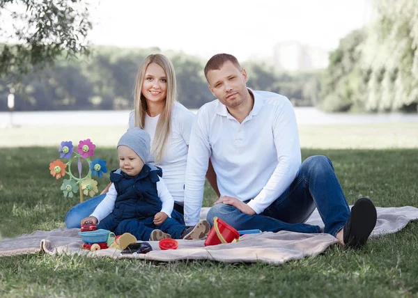 Mutlu aile parkta çimlere oturup... — Stok fotoğraf