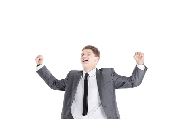 Closeup.a muito feliz jovem businessman.isolated em um branco — Fotografia de Stock