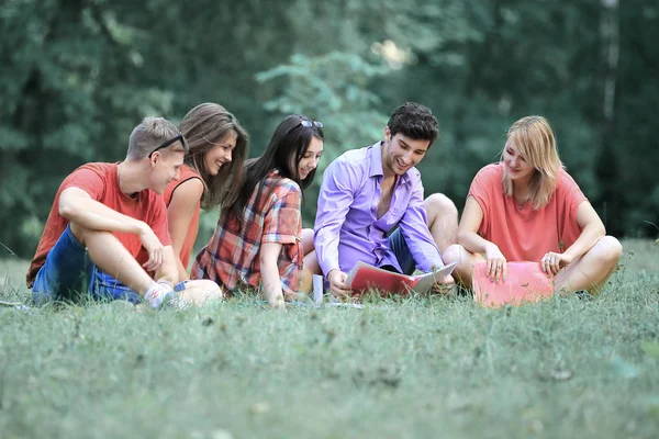 Přátel studenti se připravují na zkoušku sedí na trávníku v parku — Stock fotografie
