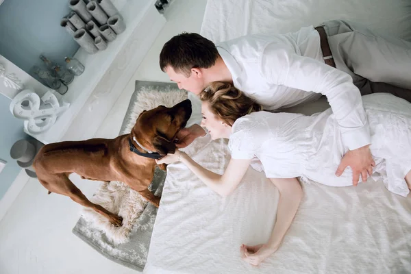 Vista superior. um casal com um animal de estimação no quarto pela manhã. — Fotografia de Stock