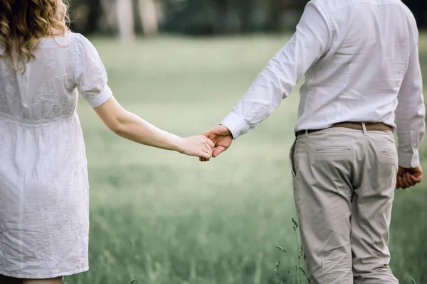 Visão traseira. casal feliz andando na grama — Fotografia de Stock