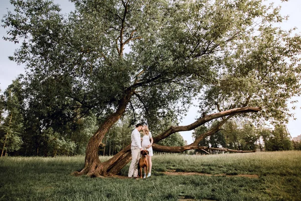 Νέοι οικογένεια στέκεται σε ένα λιβάδι στο πάρκο — Φωτογραφία Αρχείου