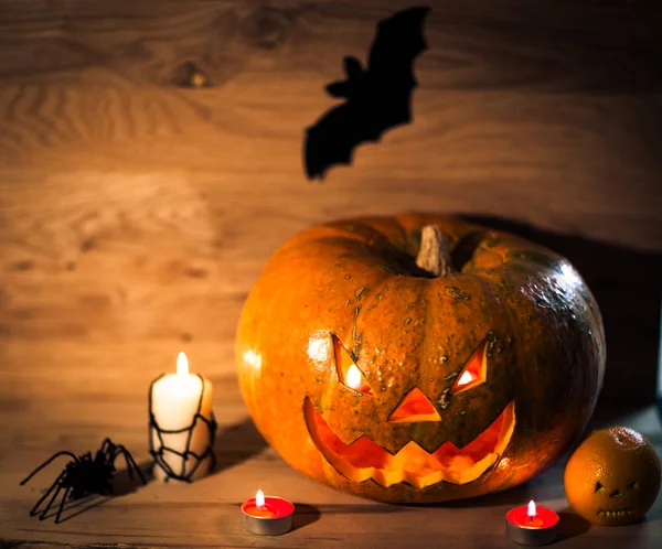 Candele, zucche e un ragno su uno sfondo di legno — Foto Stock