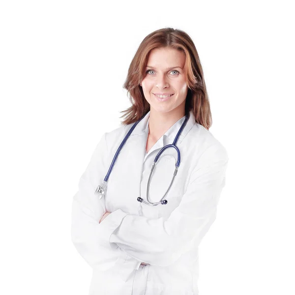 Porträt einer jungen Ärztin isoliert auf Weiß. — Stockfoto