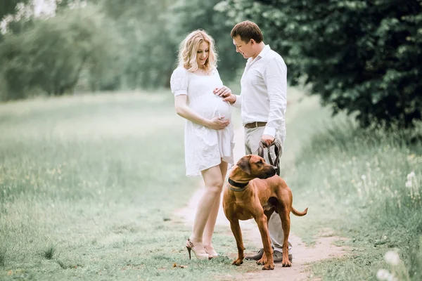 公園での散歩に彼女の夫と若い妊婦 — ストック写真