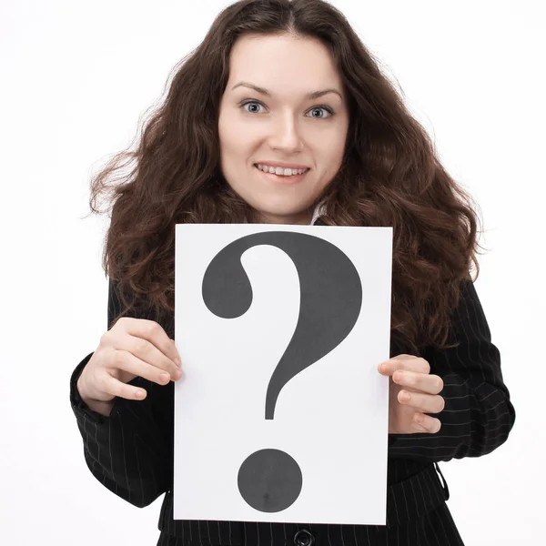 Young business woman holding a question mark. — Stock Photo, Image